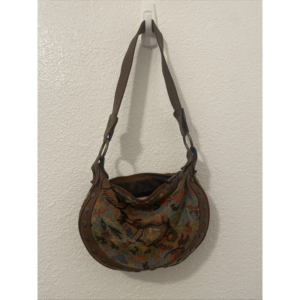 Vintage Y2K Hanjo Leather Tapestry Shoulder Bag Brown Mini Handbag Purse